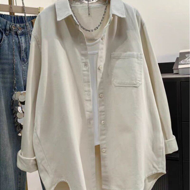 秋装2025年新款韩版纯色长袖衬衫女士宽松大码中长款衬衣工装外套