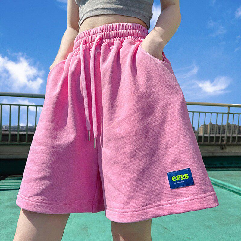 粉色休闲阔腿短裤女2025夏季松紧腰运动五分裤宽松橘色纯棉中裤潮