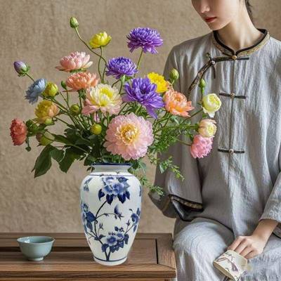 新中式OYY手彩重金线工釉高上青花瓷档家居客餐玄关装饰摆件厅花