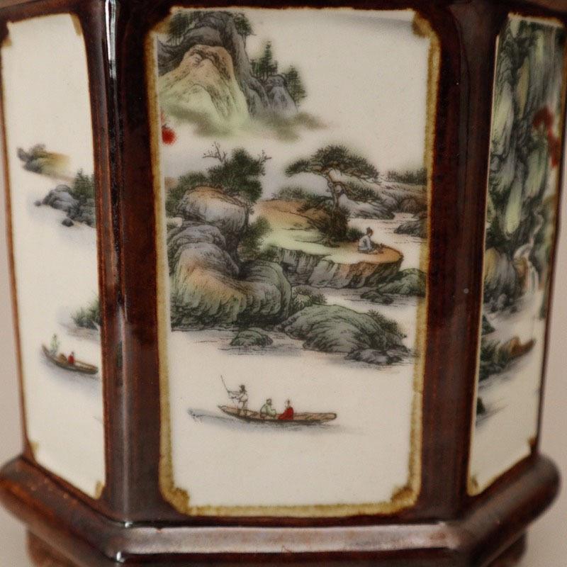 古旧玩古董做件VQO桌面书桌粉彩山水人物图纹六角笔瓷器摆古典筒