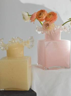 法式复古奶黄色手工玻摆璃花褶皱花花器客厅件软装瓶边插JSW花瓶