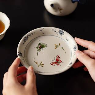 弥青花火石红陶瓷壶承家用复古干中泡式糕点差73041点盘言单个养