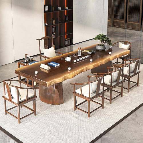 新中式原木大板茶桌椅办MTZ公室接待茶实木茶桌自然边公台几茶办