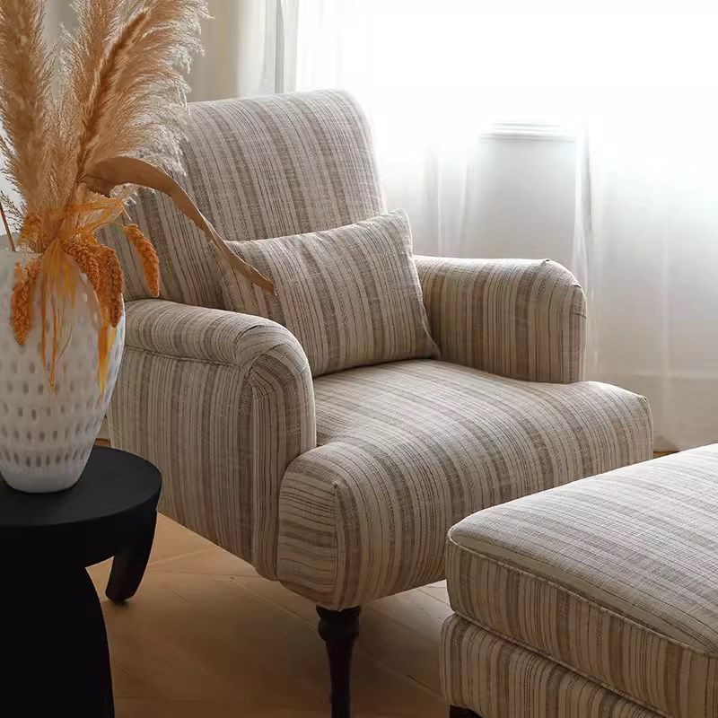 美式复古老虎椅法式简o约条纹高靠背棉麻布艺单人沙发椅懒人沙发