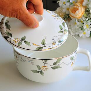 Y*h泡拉面碗带柄陶瓷家单个碗带盖早餐杯面保温骨瓷带把手的用F5M