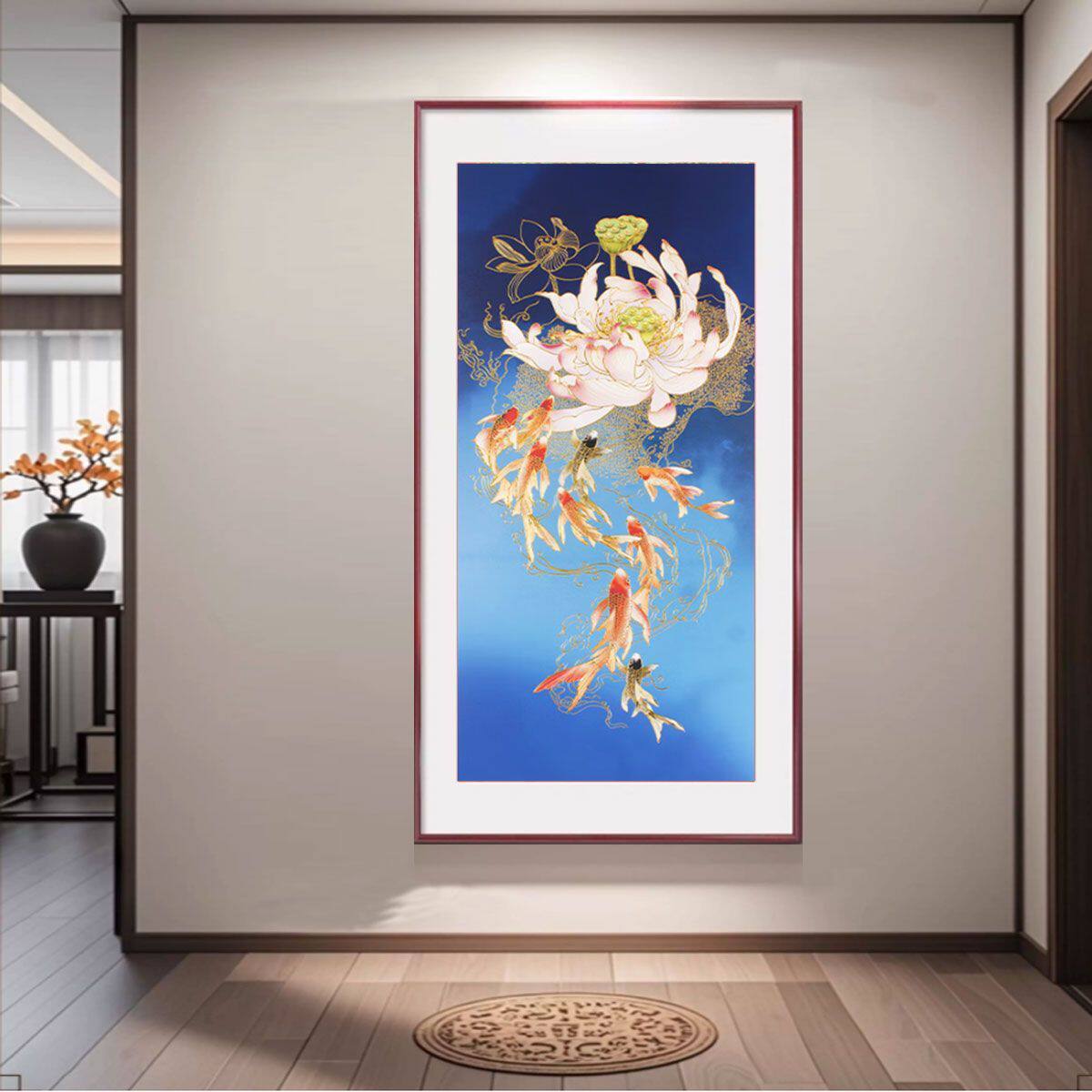 入户中式玄关装饰画浮雕描金九鱼锦鲤寓意客厅荷花走廊过道挂画