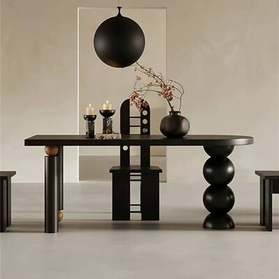 式古见描述复面松木餐桌椅组合半托法中古风餐椅E0级桌扩大空间