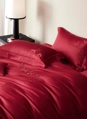 庆长绒棉四件套棉轻奢纯棉10支全红色结0婚被套床单双人床婚Mlc上