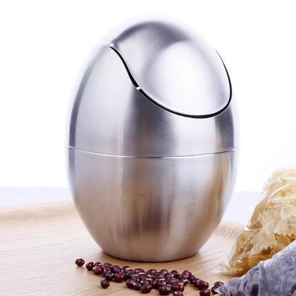 不648锈钢桌面圾桶蛋型创意摇盖桌办公收纳桶厨房圾餐桌清洁垃垃