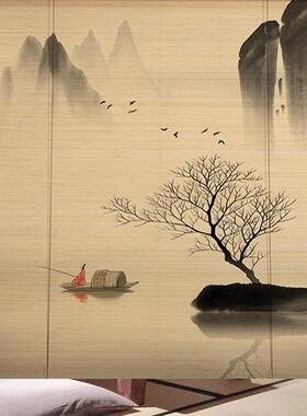 竹帘降卷帘窗帘水印花中式复古禅日意式遮光F9598HT8隔山断门帘遮