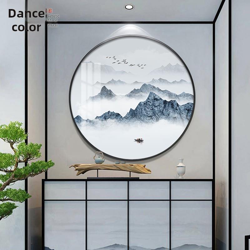 现代新中式圆形装饰画餐厅3d山水画客厅背景墙过道寓意好玄关挂画