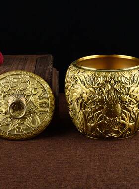 茶黄铜戏公家居摆件LS-C212K办双龙珠叶罐