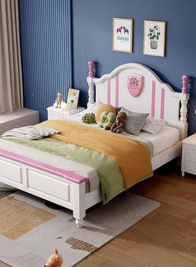 美式木现代儿童床简约实木1.床2米男孩1.m女5孩公人主白色VGX单床