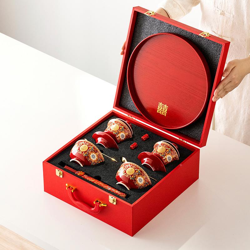 珐彩新碗筷套装琅中婚式陪嫁茶具红色盖250405-0碗结婚改结口喜茶