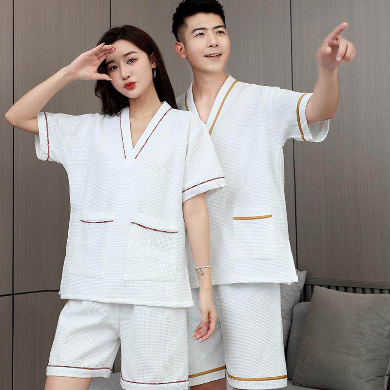 男居家睡纯棉汗蒸服女洗浴中N-8321心休闲眠浴侣服居家服睡袍情款