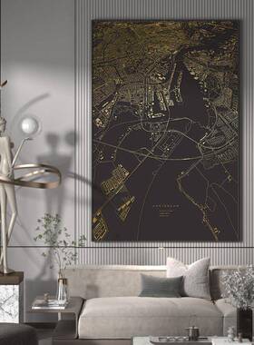 现代轻奢厅玄关饰画黑色金工装业风市区位图背EM-1705景墙客壁城