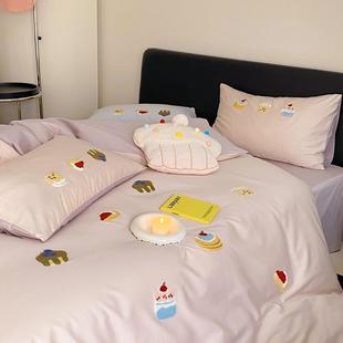 裸睡全棉100支长绒面四件套 可爱小蛋糕毛巾绣被套纯棉学生三件套