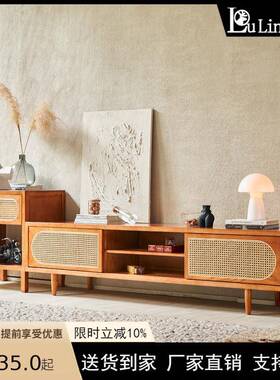 现代简约电FLF视柜藤编加高款组合墙柜欧客厅小户北型实腿木储物