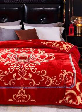 大色双人婚庆毯子婚喜庆毯毯子03子结厚秋红冬加盖毯床上用品礼品