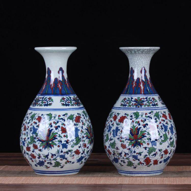 仿古开片官窑裂纹釉花瓶缠枝莲玉壶春瓶 古典家饰工艺品摆件