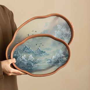 国潮山水玻璃托盘 壶承茶盘家用新中式复古山水水墨风海棠花型