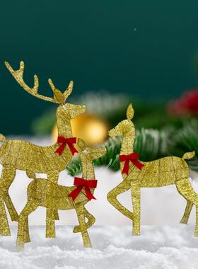 鹿圣诞礼品金色三口之家立体摆件装饰568户外园圣发光麋鹿摆诞花