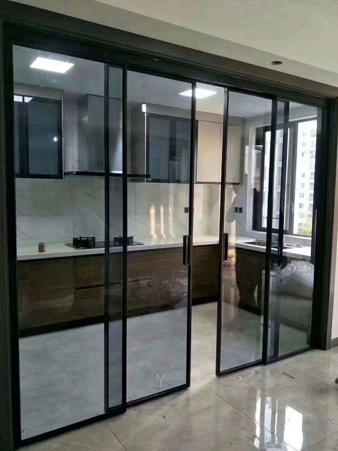 定制厨房推拉门三联动极窄边框吊轨卫生间阳台移门铝镁合金玻璃门
