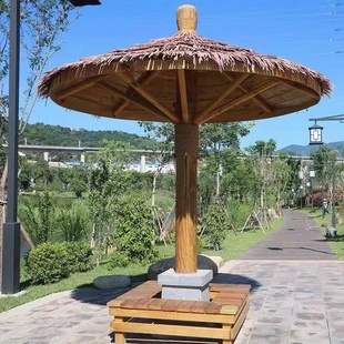 实木蘑菇斗笠亭户外圆形茅草伞亭防腐木单柱遮阳木伞W沙滩稻草亭