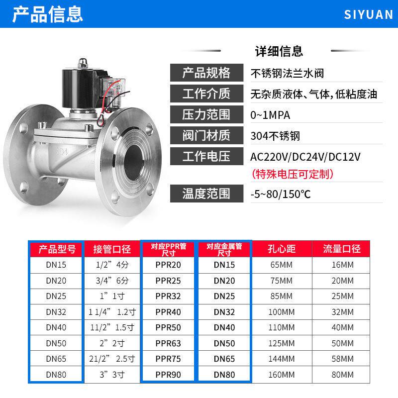 304不锈钢法兰电磁阀水阀气阀4分1寸常闭电子管道开关铜阀门220V