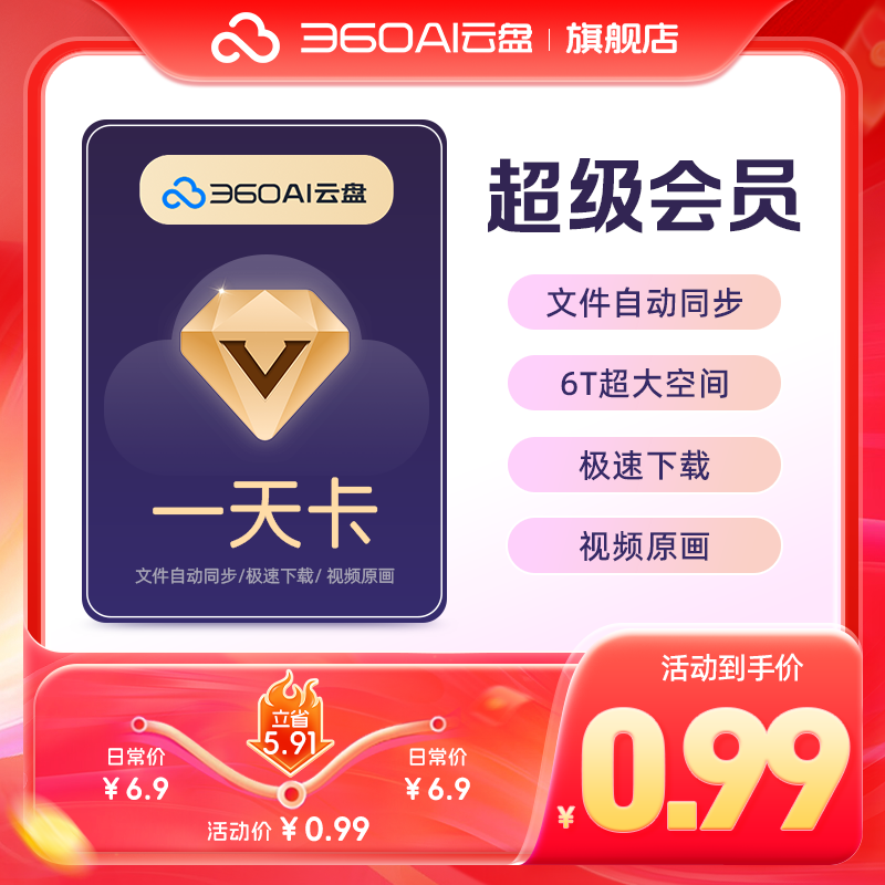 【官方直充】360AI云盘超级会员1天卡 360安全云盘 秒杀