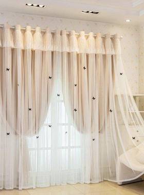 网双970层布纱n一体新款公主蕾丝遮光法式窗帘蝴蝶卧风室is红小窗