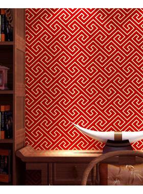 新中230中式厅风格壁纸回纹古禅意国风饭店客大红色电视背典景墙