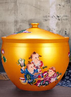 OEU陶瓷米缸坛子10-20装釉下盖彩青花瓷圆罐子带密封酒家居储物斤