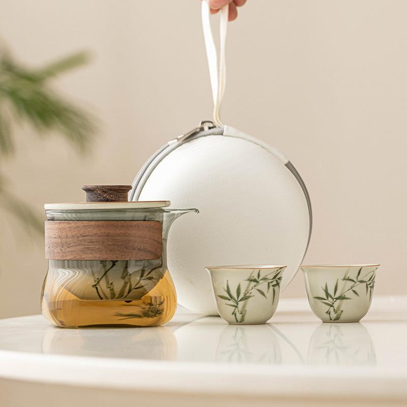 手绘翠绿文竹客杯一壶杯户外小旅行茶具24JS04-4便携快式露营泡茶