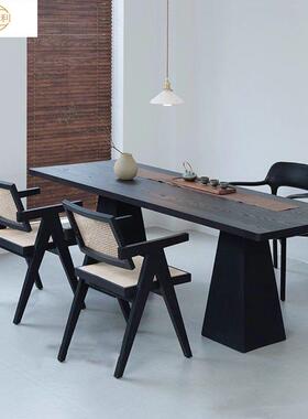 黑色高级实餐桌代现极长简原FQB木大板家用方形餐桌家用书木房办