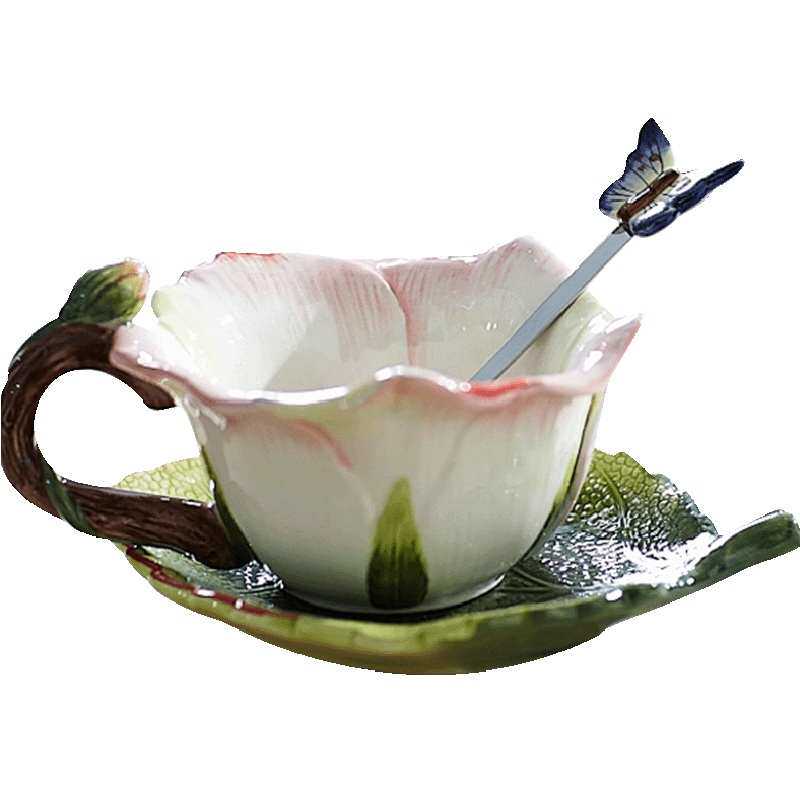 粉玫瑰杯子陶瓷杯创意茶杯欧式勺花草碟组合咖啡杯家居茶具套装杯