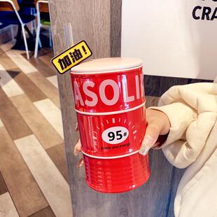 创意潮流搞怪油桶陶瓷杯男女马克盖吸管杯子家用带早餐办公室水杯