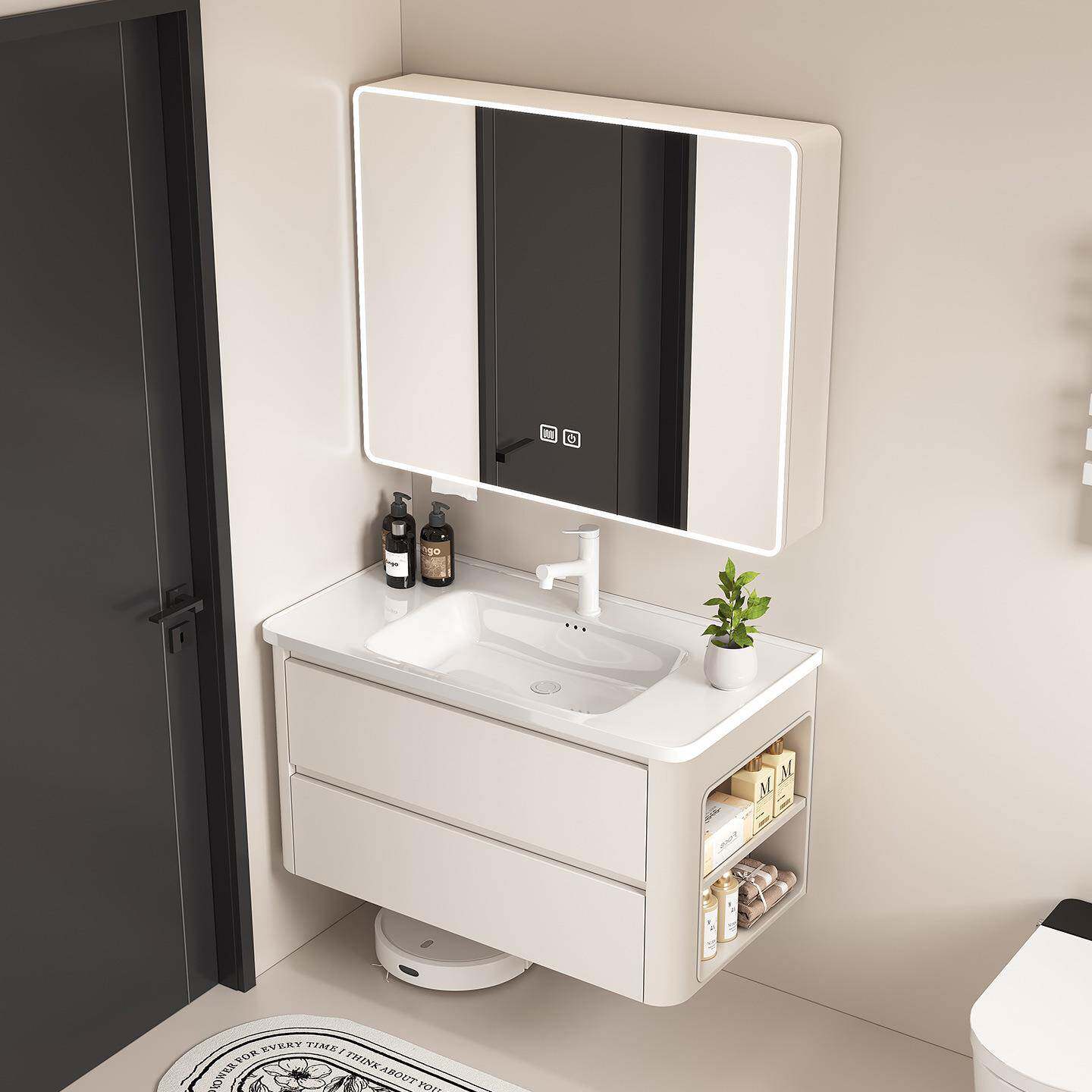 蜂窝铝浴室柜圆弧款双抽屉带侧柜陶瓷一体盆组合侧边带开放收纳格