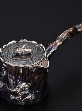 陶瓷鎏银做旧侧把松鹤茶壶 家用大号锤目纹公杯分茶器茶海匀杯