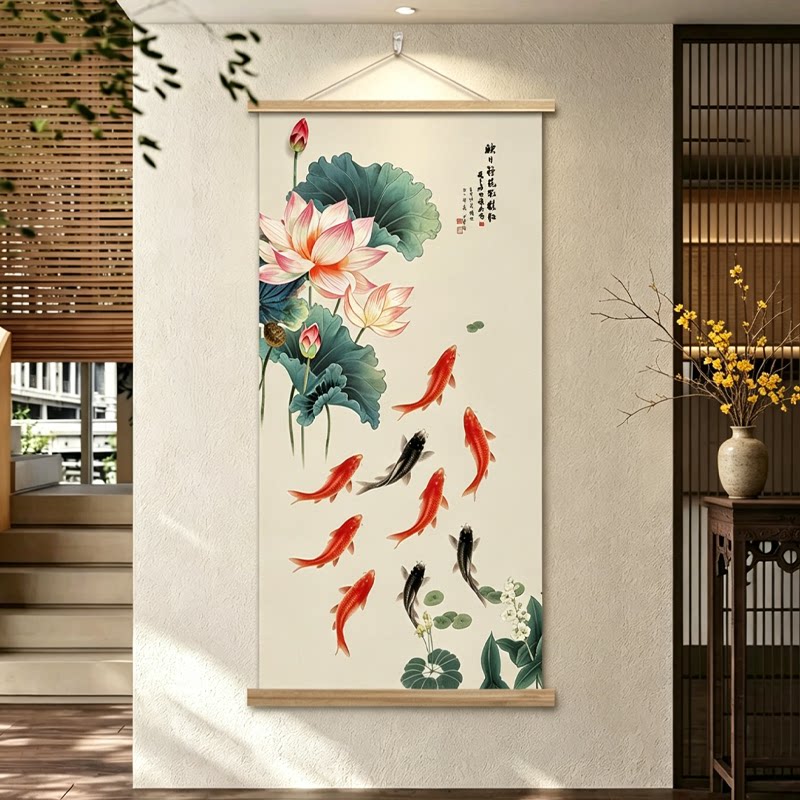 新中式禅意锦鲤荷花卷轴装饰画图片