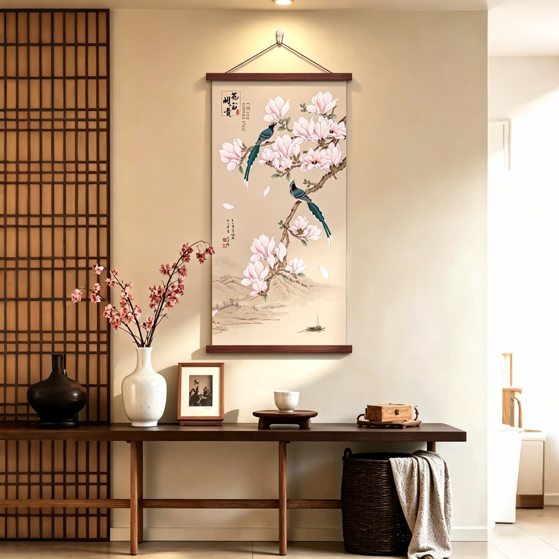 玉兰花国画中式花鸟图卷轴挂画客厅玄关茶室装饰画实木挂轴喷绘