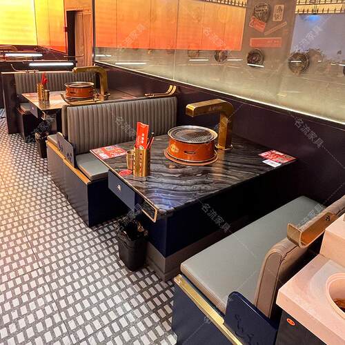 无烟净化烤肉店大理石火锅桌电磁炉烤涮一体弯头下排烟商用餐桌