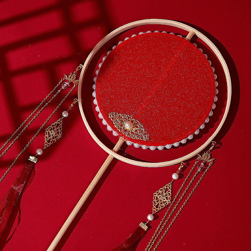 烫金结婚嫁衣红色团扇女 宫廷复古风圆形双层长柄流苏宫扇子刺绣