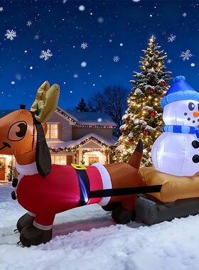 2.4米圣诞节充气腊肠犬拉雪橇载着雪人气模LED灯户外庭院装饰摆件