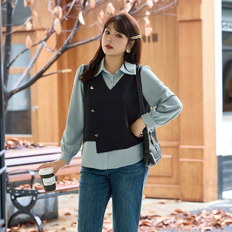 假两件套马甲衬衫拼接女长袖秋装大码胖mm显瘦设计感套头衬衣上衣,女装/女士精品,大码内搭,淘宝优惠券,粉丝福利购,淘宝优惠卷