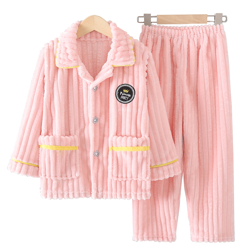 儿童法兰绒睡衣秋冬季加厚款珊瑚绒男孩女童小宝宝家居服长袖套装