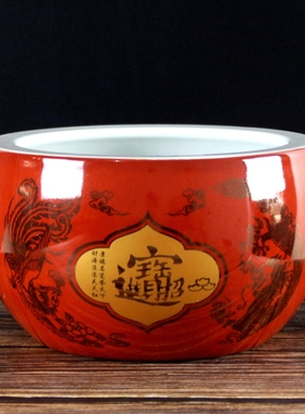 景德镇陶瓷红色聚宝盆结婚用礼物摆件招财客厅大号红盆瓷器存钱罐