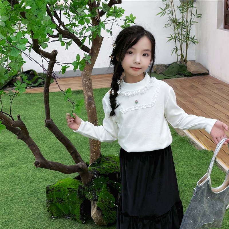 洋气女童白色打底衫儿童厚实女孩半高领T恤儿童简约上衣秋冬新款