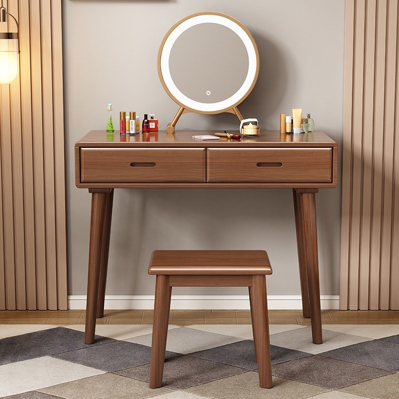 北欧全实木梳妆台家用卧室小户型迷你化妆桌带灯收纳柜一体化妆台