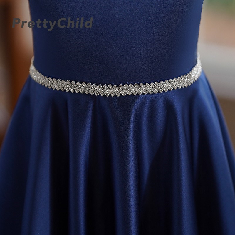 新款女童缎面晚礼服藏蓝色钢琴演出服中大童竖笛乐团比赛表演长裙